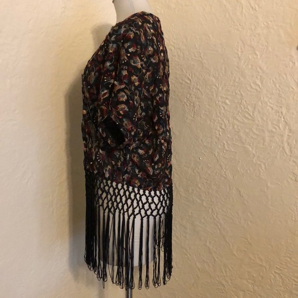 Forever 21 Embroidered Fringed Kimono Black Red Blue Wrap Swim Cover Up - Picture 4 of 10